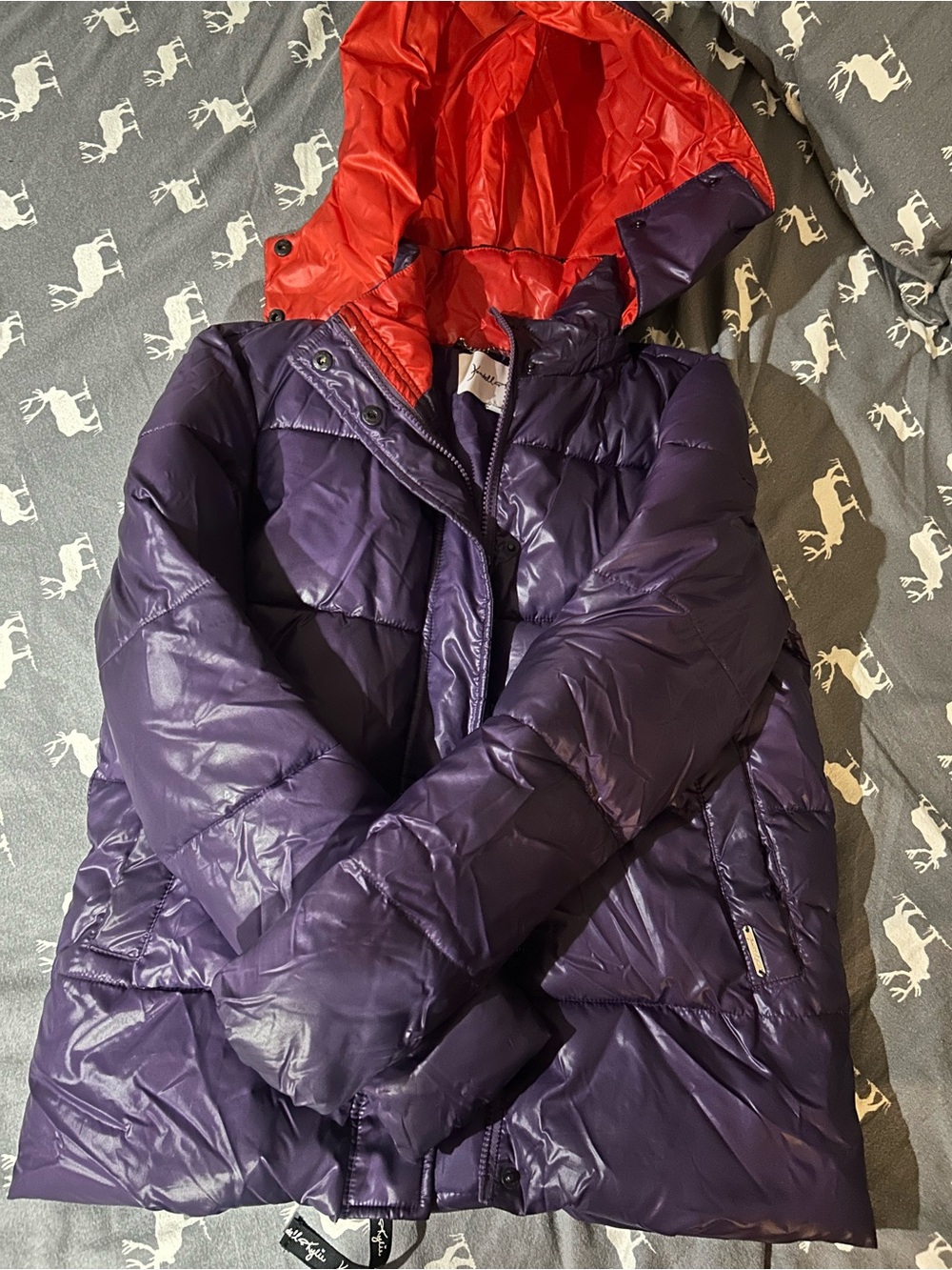 Women Hooded Puffer Jacket in Purple with Red Lining